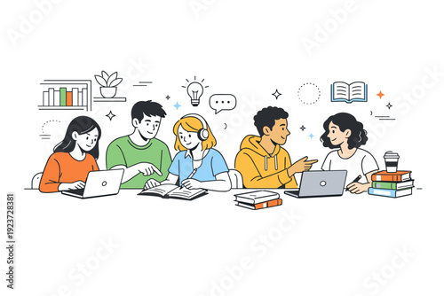 University students teamwork. Students collaborate in a library setting with books, laptops, and quiet focus. Balanced mix of concentration and cooperation.