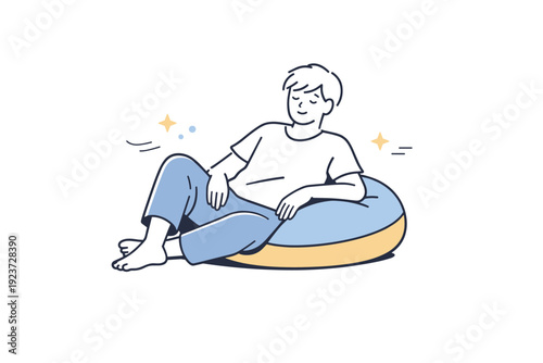 Naturally slouched rest. A figure in a soft seat or floor cushion, leaning slightly to one side, body relaxed without structure. Serenity in letting go.