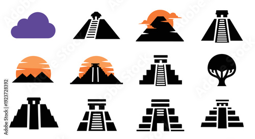 Ancient pyramid silhouettes with sunset and nature elements