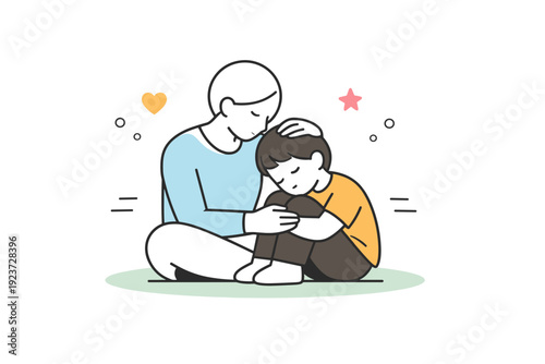 Emotional support. A parent comforting a child with a gentle gesture, calm and caring posture. Sense of trust and reassurance with minimal