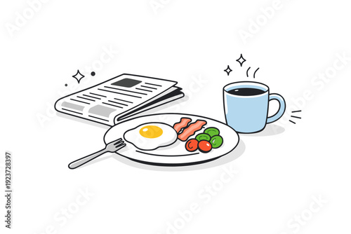 Daily routines without people. Kitchen counter with a simple breakfast plate, mug, and folded newspaper left behind. Everyday habit captured