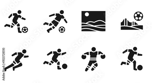 Soccer silhouette icons: players, ball, and landscape in minimalist style