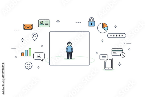 Personal data as personal space. Wide composition with a small figure centered inside a clear geometric boundary, data symbols floating