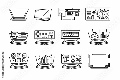 Holographic Displays. Line icon set of Holographic Displays: holographic screen, transparent display panel, floating UI window, digital HUD interface, hologram