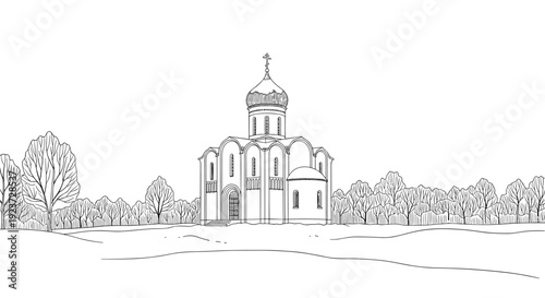 Linear design of historic church with dome in forest setting