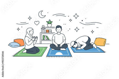 Inclusive prayer room interior. A peaceful space with prayer mats, cushions, and soft lighting, abstract floating icons of stars and gentle