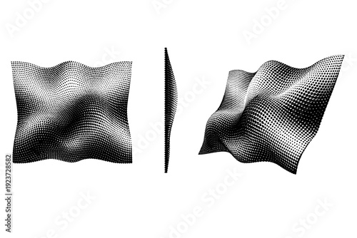 Gradient-style dot mesh surface shown as a single texture object displayed in front view, edge view, and three-quarter angled view