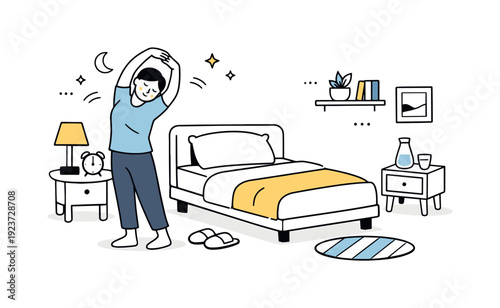 Person stretching in bed in the morning, waking up to a new day with a smile