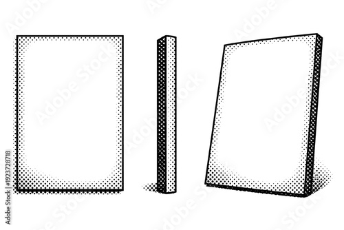 Print-ready poster template board object shown in three views including front view, side view, and angled view with accurate proportions and