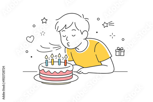 Blowing out candles. A person leaning toward a cake and blowing out candles, gentle motion lines in the air. Wish-making moment, warmth, simple happiness.