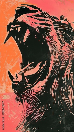 Silkscreen on paper of a lion roar electronics hardware person.
