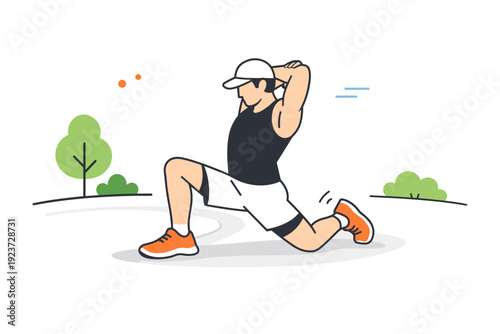 Outdoor flexibility routine for athletes. An athlete stretching shoulders and ankles with minimal landscape cues like trees and path lines.