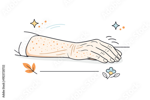 Wrinkles and freckles close-ups. Forearm resting on a table, freckles and fine lines highlighted in soft light. Calm editorial moment capturing natural human