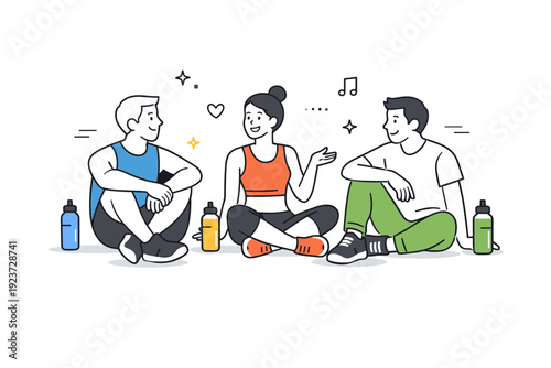 Fitness training with people. Friends cool down after training, sitting and chatting with water bottles nearby. Balanced routine and relaxed