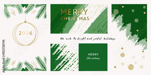 Festive christmas card design with pine branches and golden accents