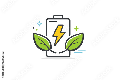Green energy storage icon. A battery or energy storage symbol combined with eco elements like leaves or lightning, showing clean power