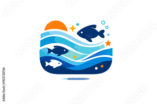 Marine life abstract underwater scene with fish silhouettes, waves and light decorative accents, expressing depth, flow and modern ocean aesthetics. Minimalist
