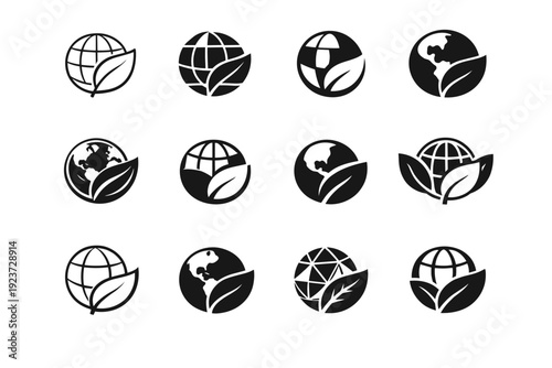 Conservation projects. Icon set. Set Logo of Conservation projects: globe with leaf. harmonious logo variations of the same emblematic concept, each with