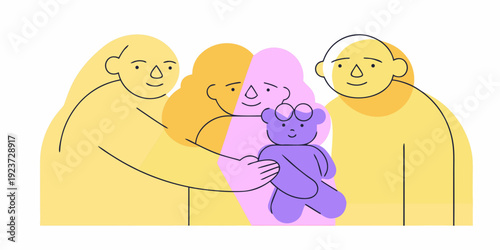 A family embracing including parents and a baby with a teddy bear