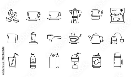 Flat coffee and beverage line icon collection with cups, machines, and drinks isolated on transparent background