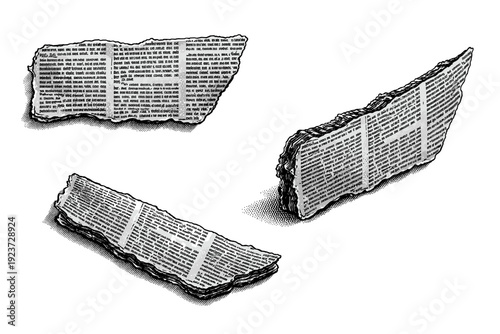Dot collage torn newspaper fragment A torn newspaper fragment is presented as one object shown from three different views: flat front view, angled edge view,