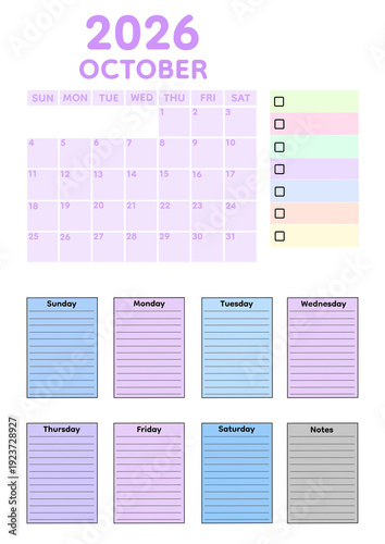 October 2026 monthly calendar in soft purple and light blue pastel tones featuring a balanced grid layout, dedicated weekly planning pages, organized to-do list boxes, and a clean notes area.