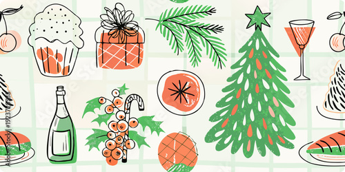 Festive holiday pattern featuring treats gifts and seasonal decorations