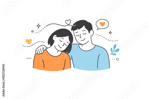 Emotional storytelling visuals. Two characters sharing a quiet moment, connected by gentle lines and floating shapes that suggest empathy and understanding.