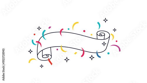 Unrolled blank scroll surrounded by colorful confetti and sparkling accents, symbolizing a festive announcement, invitation, or celebration.