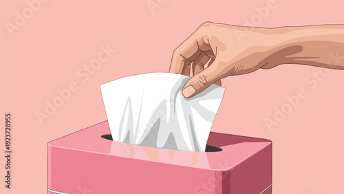 Human hand gently pulling a white tissue from a pink tissue box, symbolizing hygiene, comfort, or relief from illness.