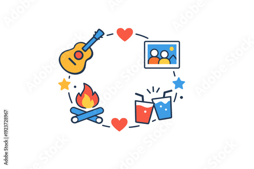Friendship rituals and traditions captured as a simple visual badge with interconnected symbols like hearts, stars, or circles, suggesting enduring friendship