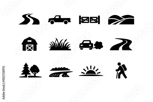 Rural dirt roads. Solid icon set of rural dirt roads: countryside dirt path, farm truck silhouette, wooden fence gate, rolling hills, barn