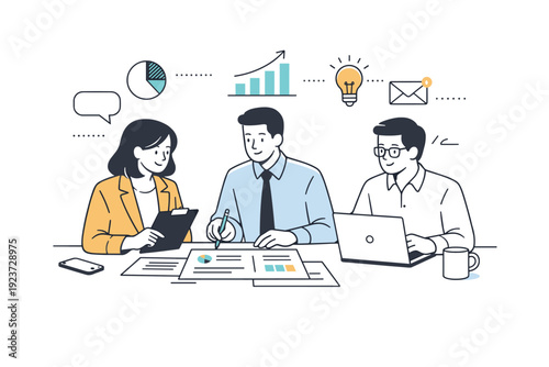 Professional business concepts. A clean editorial scene with professionals collaborating calmly around documents and digital devices. The atmosphere feels