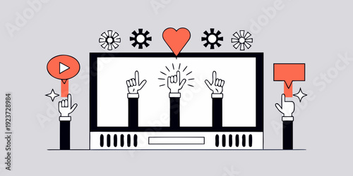 Digital protest illustration with hands pointing and a heart symbol