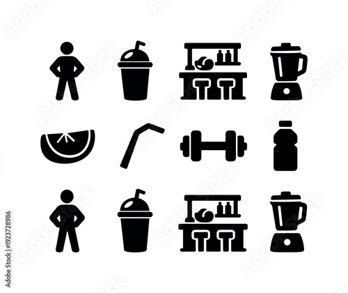 Healthy post-workout snack. Filled icon set of Healthy post-workout snack: person figure,