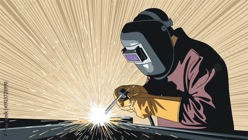 Skilled welder in protective gear diligently working with bright sparks flying, illustrating industrial labor and metal fabrication.