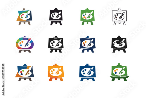 Painting on an outdoor easel. Icon set. Set Logo of Painting on an outdoor easel: paint palette and brush. harmonious logo variations of the