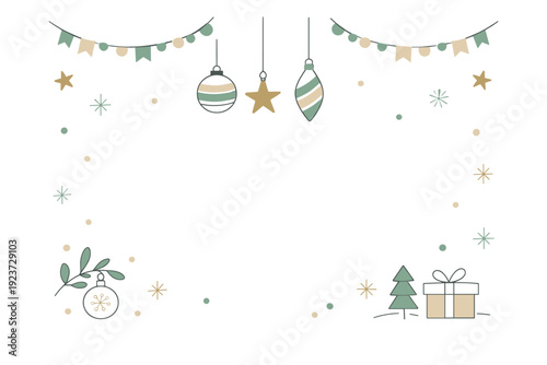 Minimal festive background illustration. Clean decorative elements like garlands, stars, and abstract ornaments arranged with plenty of white