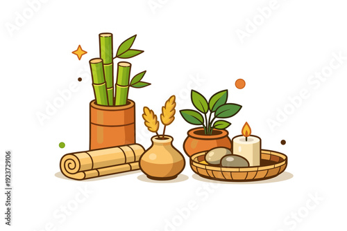 Natural Eco Decor. Sustainable decorating with natural textures a compact editorial style scene combining bamboo, clay and greenery to communicate