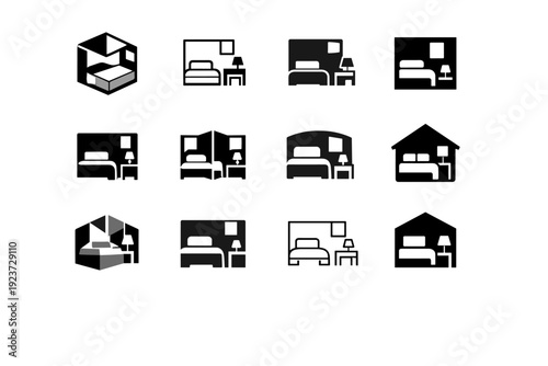 Compact living. Icon set. Set Logo of compact living: micro studio layout. harmonious logo variations of the same emblematic concept, each with different