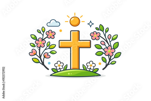 Spring church celebration gentle faith inspired scene with a cross framed by blooming branches and small leaves, conveying renewal, peace, and the spiritual