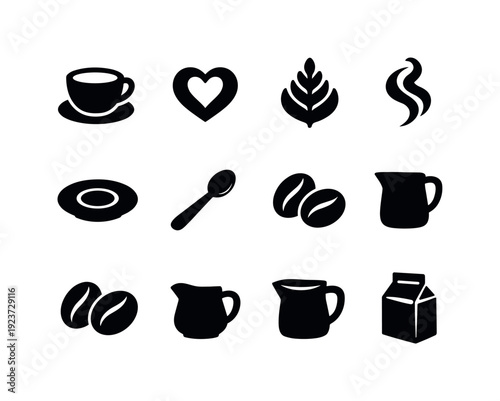 Morning latte icons. Filled icon set of Morning latte icons: coffee cup, foam heart, leaf