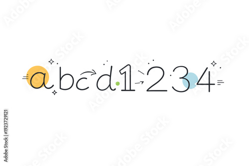 Letters and numbers. Letters transforming smoothly into numbers in a flowing visual sequence. Concept of literacy, logic, and cognitive