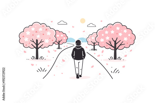 Solo sakura stroll. A peaceful path lined with cherry blossoms, one person walking with hands in pockets as petals float in the