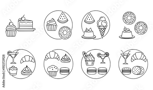 Minimal outline dessert and pastry food line icon set isolated on transparent background