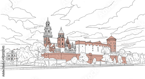 Historic landmark outline of a castle with scenic architecture and urban landscape