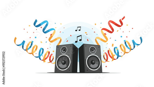 Two powerful audio speakers surrounded by musical notes and vibrant confetti, symbolizing a lively party, concert, or celebratory event.