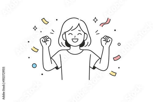 Glitter and confetti. Soft confetti pieces float gently around a smiling character celebrating a small win. Light joyful mood without excess,