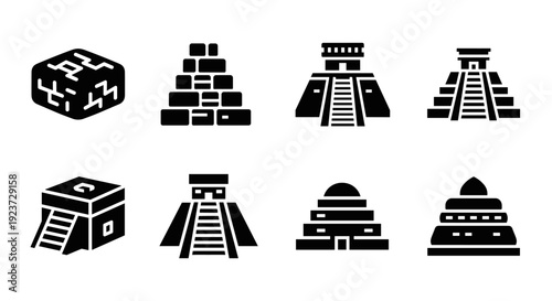 Black and white silhouette icons of ancient pyramids and temples
