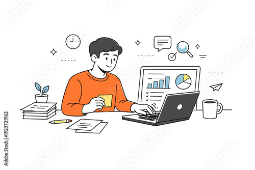 Digital Report Compilation. End-of-week reporting routines. A worker compiling data from notes into a clean digital report, gentle motion indicating final